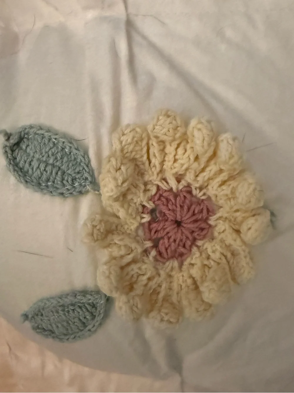 OOAK Handmade White Floral Crochet Appliqué Cotton Comforter Blue Crochet Trim